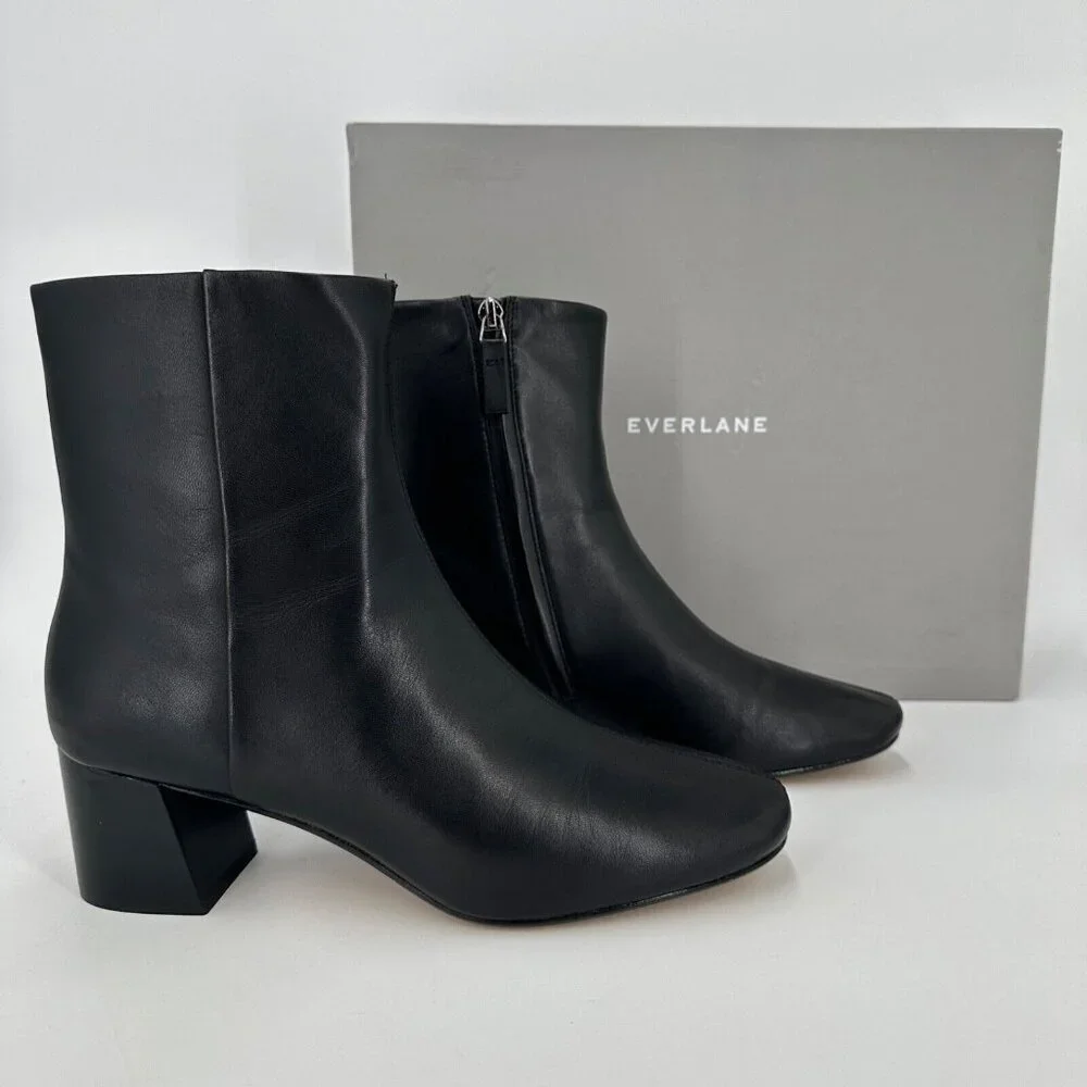 Everlane The Day Boot in Black Leather size 11 Side Zip Ankle Bootie Square Toe